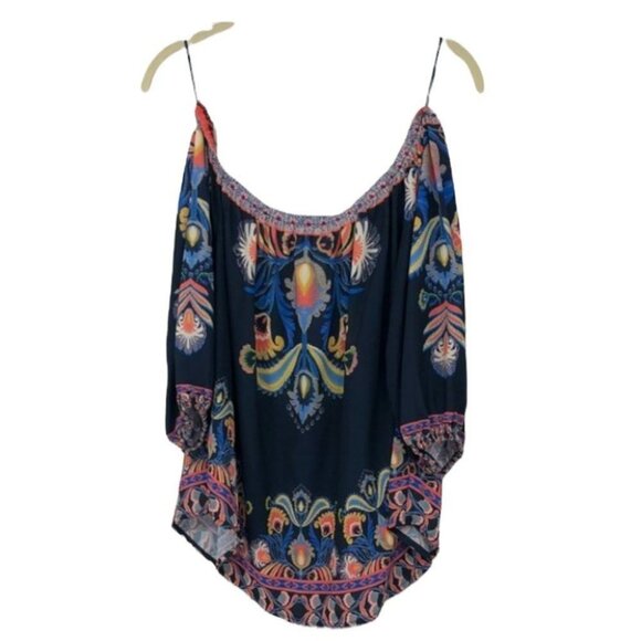 Jealous Tomato navy coral boho printed off shoulder blouse XS - Picture 1 of 11